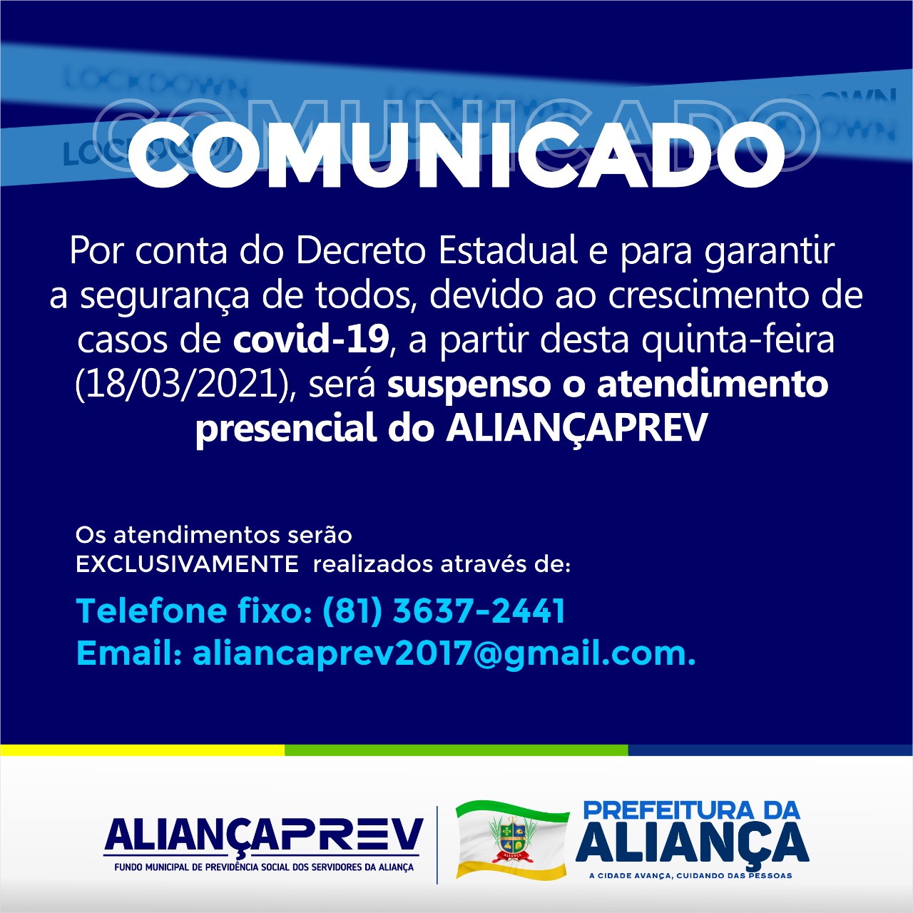 Suspenso o atendimento presencial em AliançaPrev